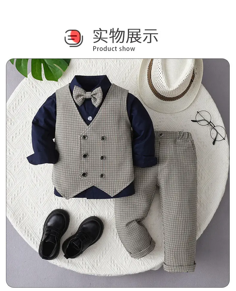 跨境儿童春装新款宝宝周岁礼服男童英伦风绅士衬衫马甲裤子三件套