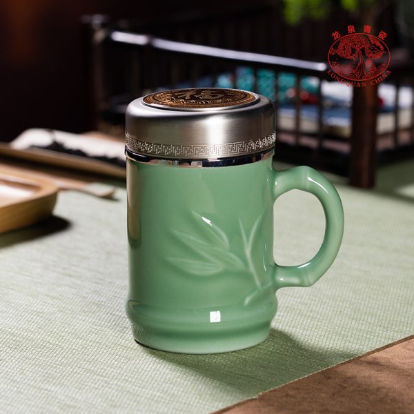 龙泉青瓷 竹节保温杯不锈钢内胆茶水分离泡茶杯 陶瓷大容量商务杯