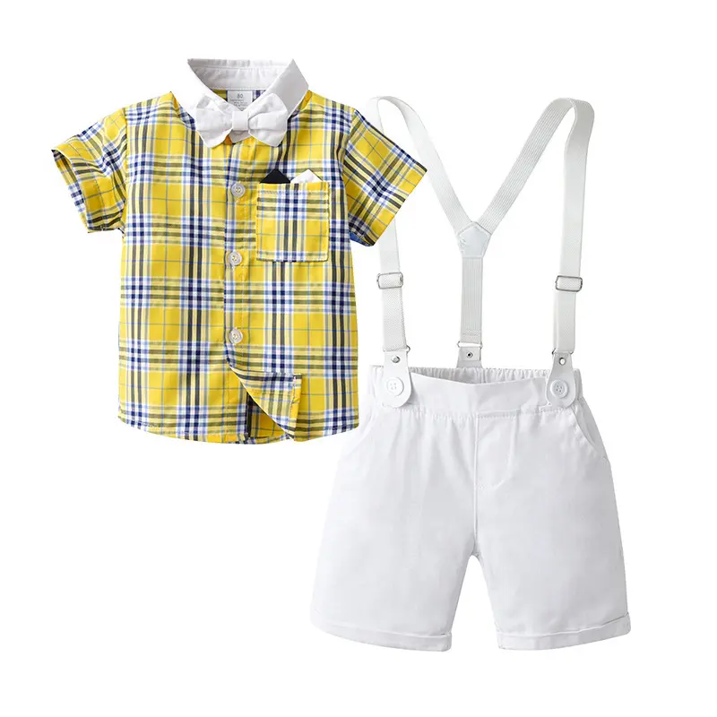 跨境童装批发英伦绅士格子三件套男童夏装宝宝夏季短袖款儿童套装