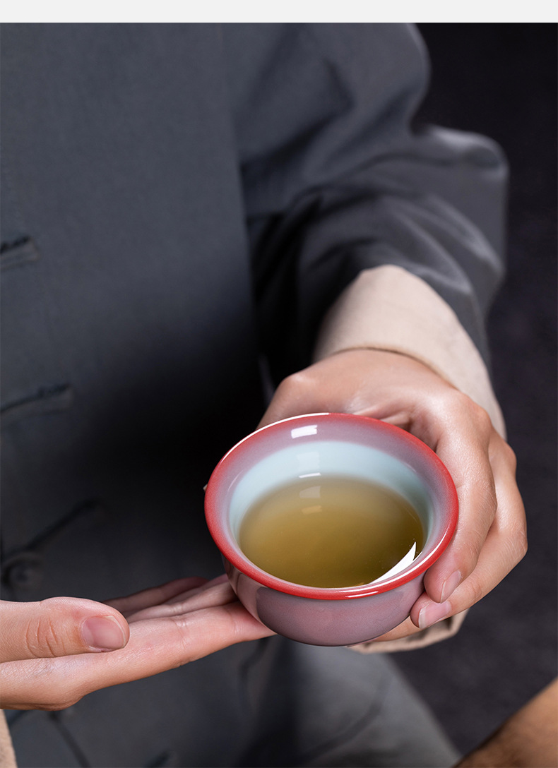 龙泉青瓷 功夫茶杯手工红釉添香主人杯单杯 陶瓷品茗杯高档泡茶碗