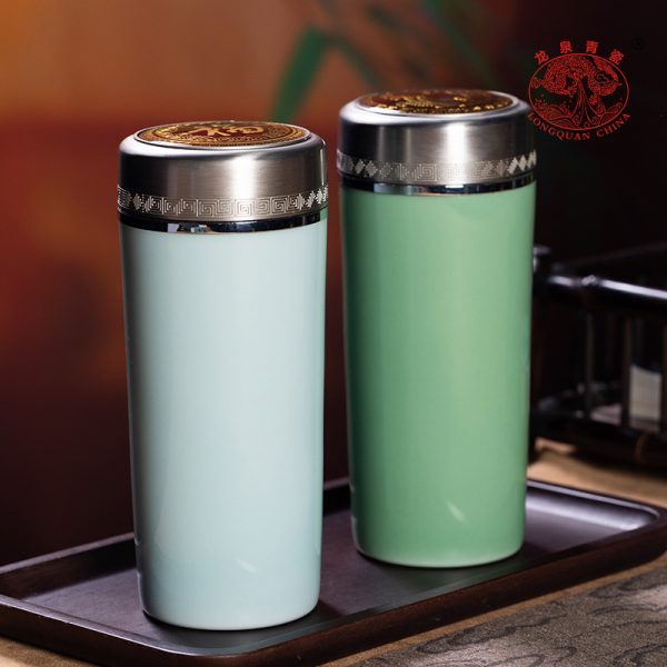 龙泉青瓷 保温杯大容量不锈钢内胆水杯 陶瓷便携茶水分离泡茶杯子