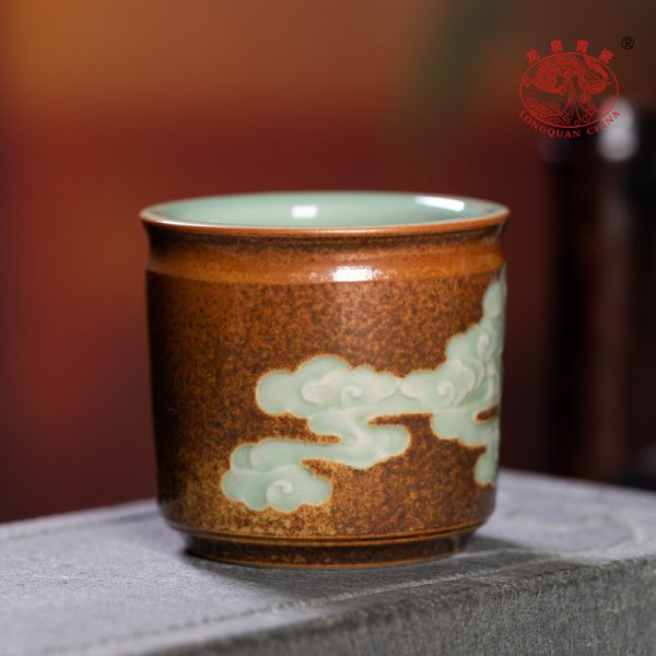 龙泉青瓷柴烧窑变手工主人杯单杯陶瓷功夫茶杯祥云扳指品茗杯盏