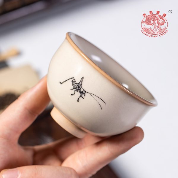 龙泉青瓷 猪油冻手工主人杯单杯 陶瓷创意刻物品茗杯功夫茶杯茶碗