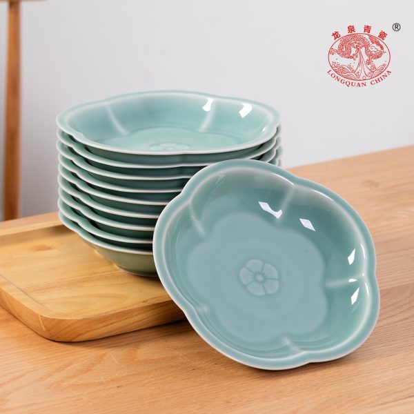 龙泉青瓷菜盘子骨碟梅花盘子家用6早餐盘陶瓷7英寸餐具西餐盘酒店