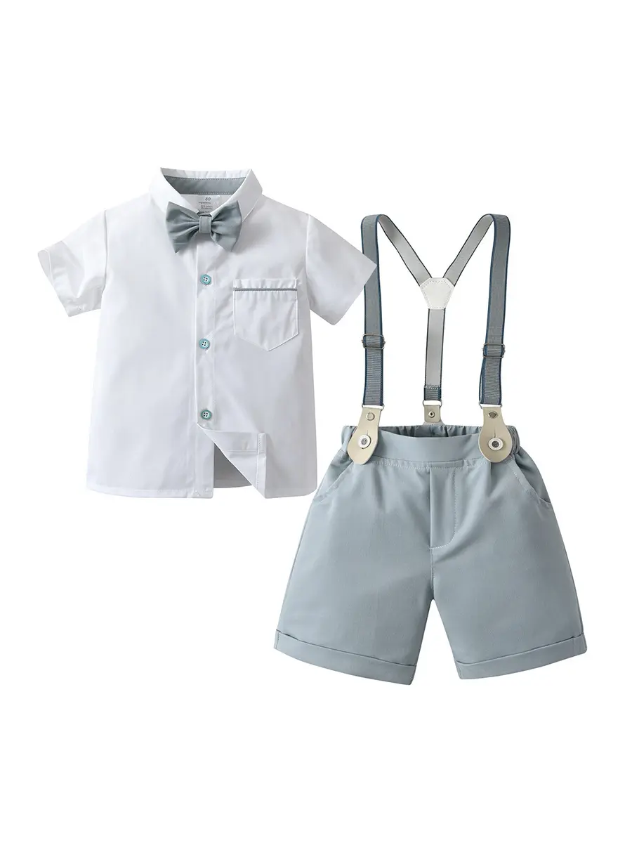 新款跨境童装背带裤两件套儿童套装宝宝夏季短袖英伦绅士男童夏装