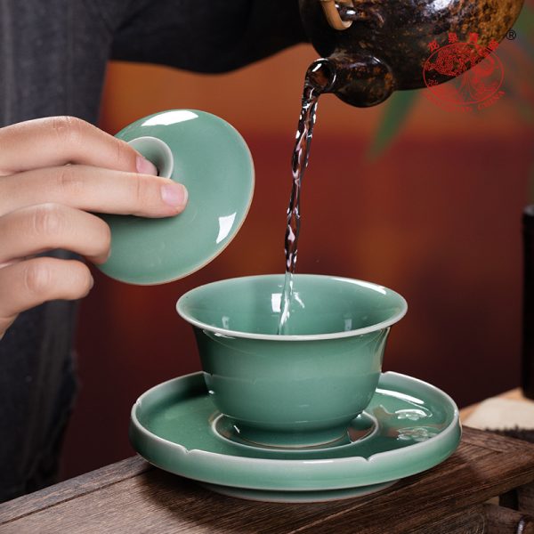 龙泉青瓷三才盖碗大号茶杯家用陶瓷功夫茶具高档礼盒手工敬泡茶碗