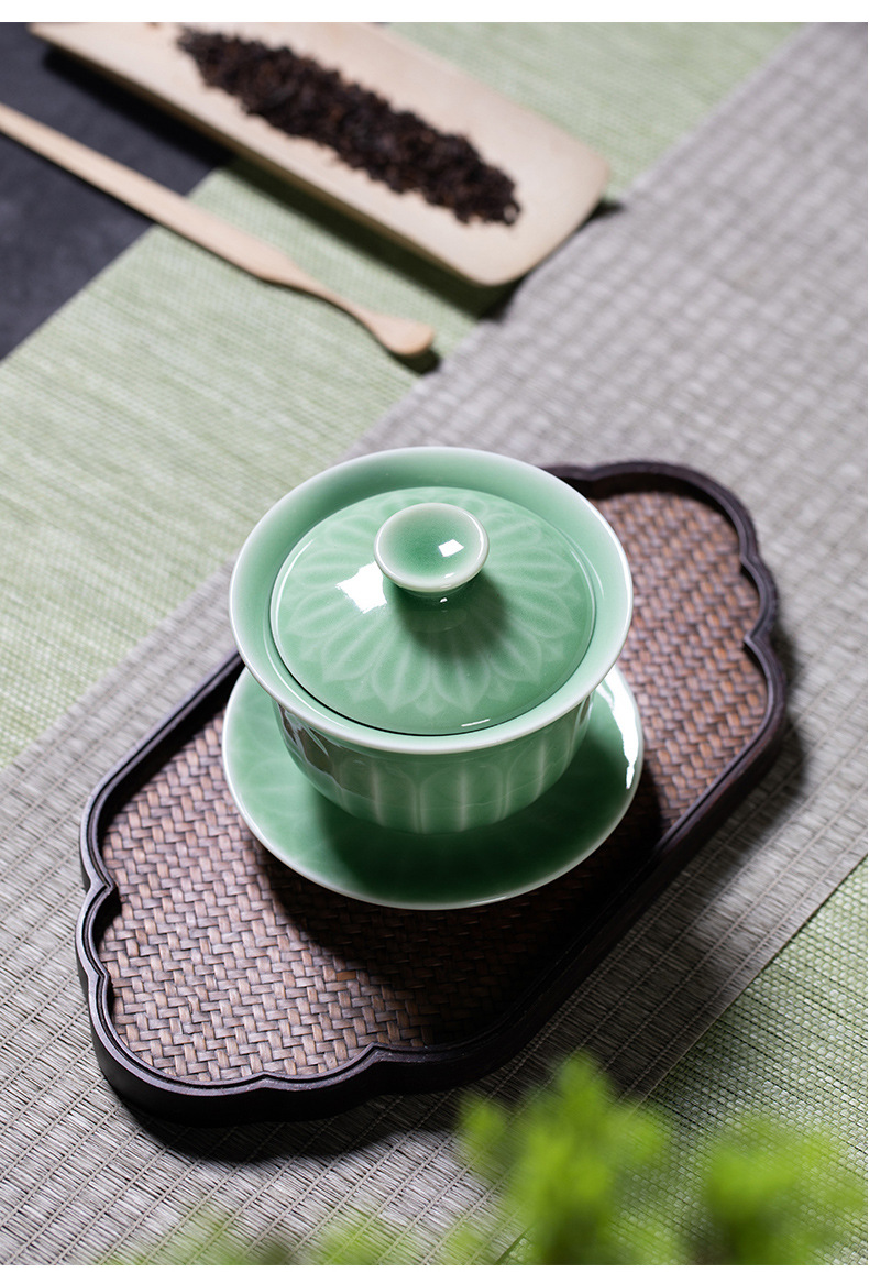 龙泉青瓷 创意仿古手工三才盖碗 陶瓷中式功夫茶具莲花敬茶泡茶碗
