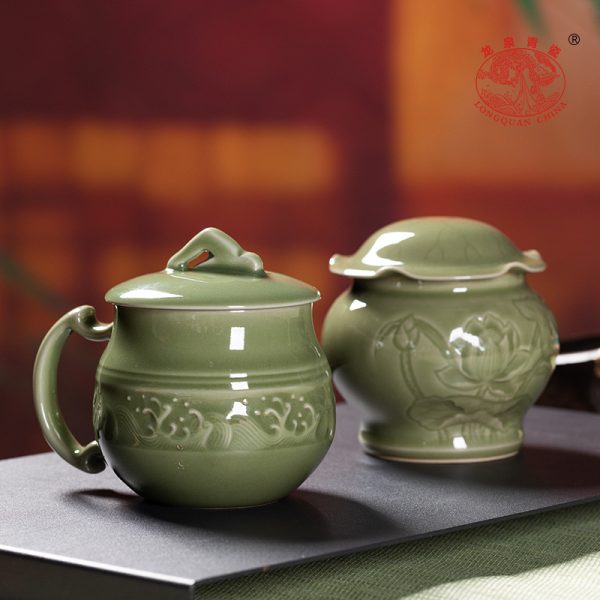 龙泉青瓷 茶杯家用马克杯喝水杯 陶瓷茶叶罐套装办公室过年礼盒装