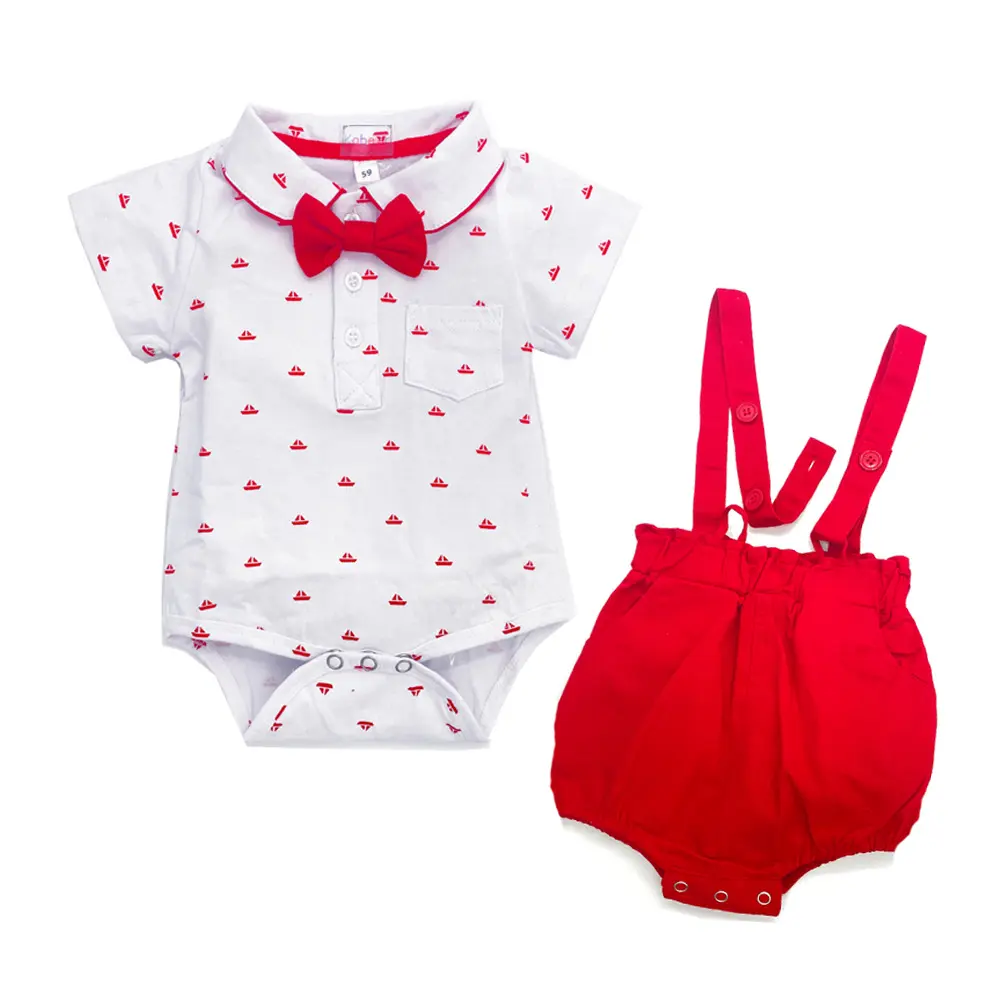 加工定制跨境新款夏婴童套装绅士儿童套装短袖爬服加背带裤两件套