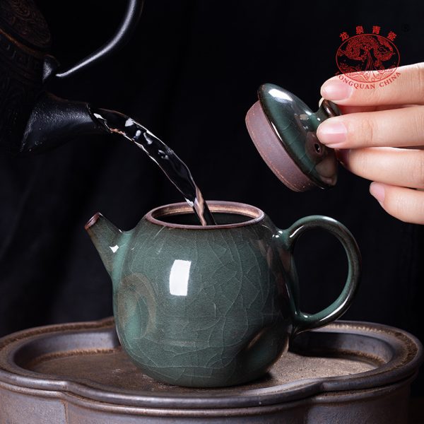 龙泉青瓷 哥窑冰裂手工铁胎茶壶单壶 陶瓷功夫茶具家用过滤泡茶壶