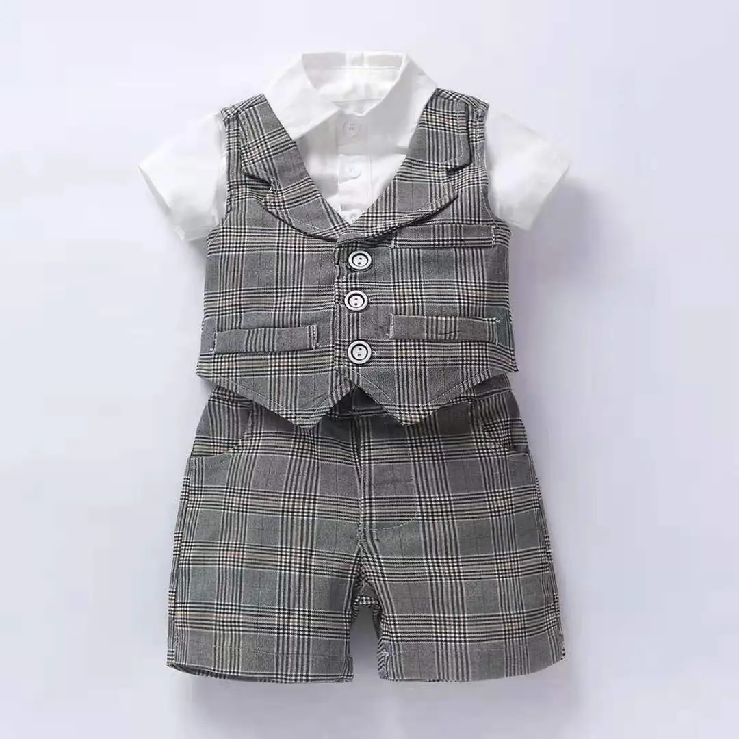 跨境夏季新款男宝宝绅士套装周岁礼服爬服马甲短裤领结多件套批发