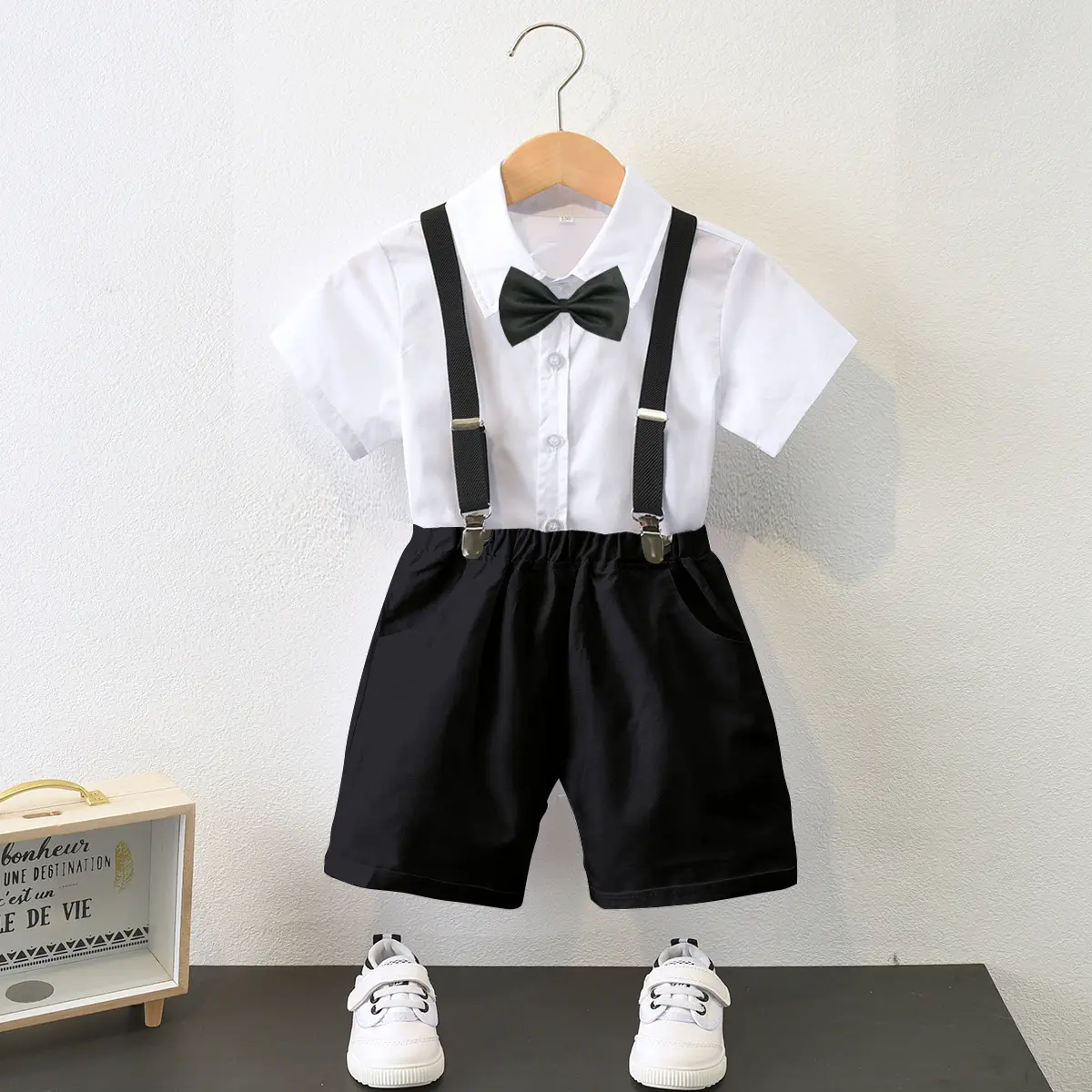 跨境男童夏季白色衬衣黑色背带裤小主持人中小儿童宝宝六一表演服