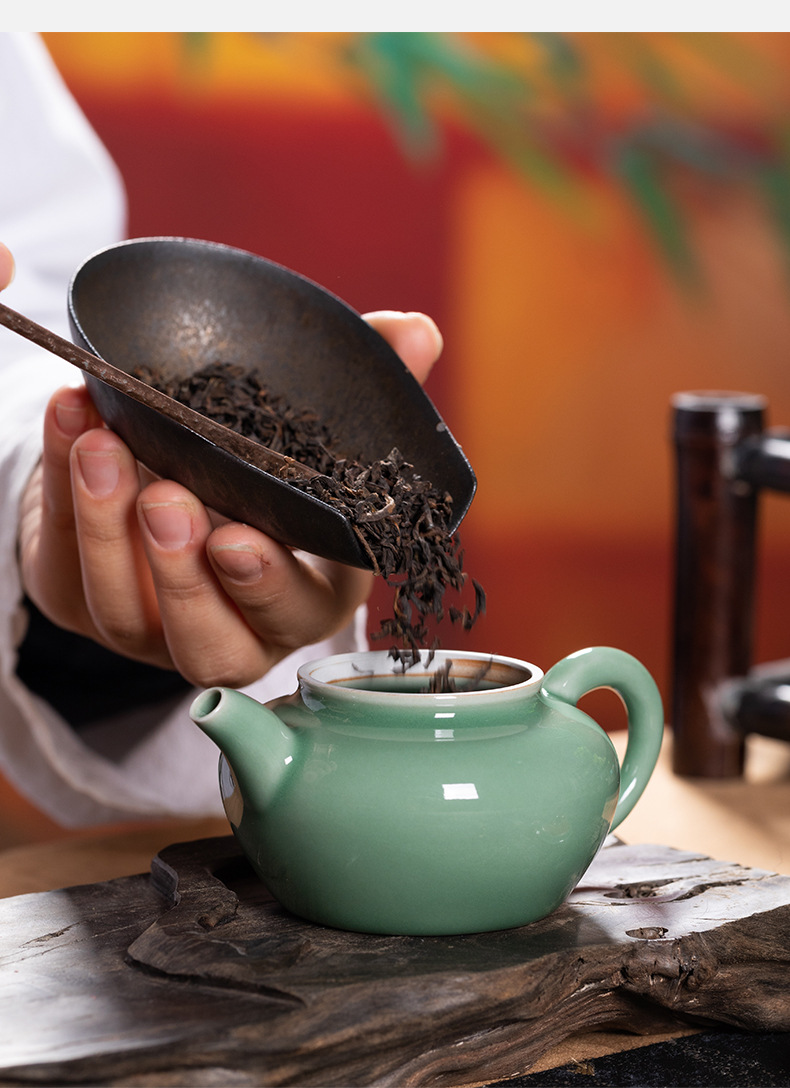 龙泉青瓷 茶壶单壶功夫茶具泡茶壶 陶瓷家用轻奢风跳刀手工泡茶器