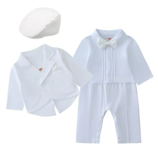 跨境男宝宝纯白色礼服春秋新款婴幼儿连体爬服长袖洗礼服厂家批发