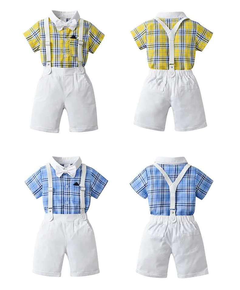 跨境童装批发英伦绅士格子三件套男童夏装宝宝夏季短袖款儿童套装