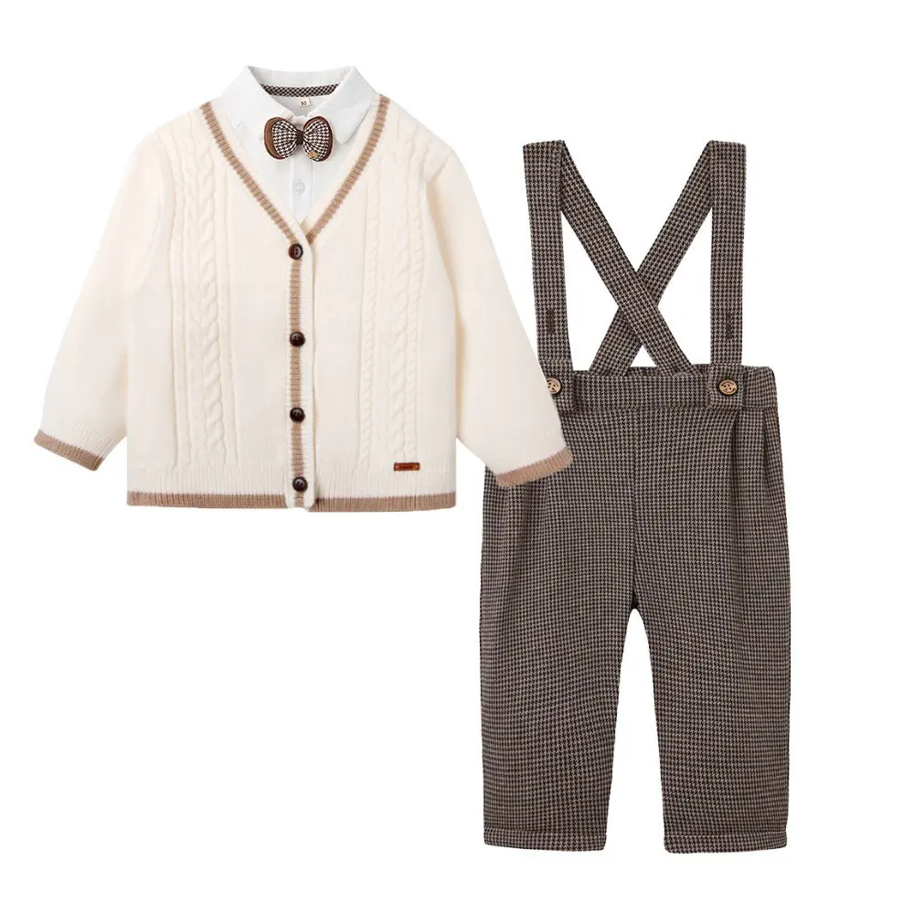 英伦风男宝宝背带裤套装千鸟格长袖男童生日服装春秋绅士礼服
