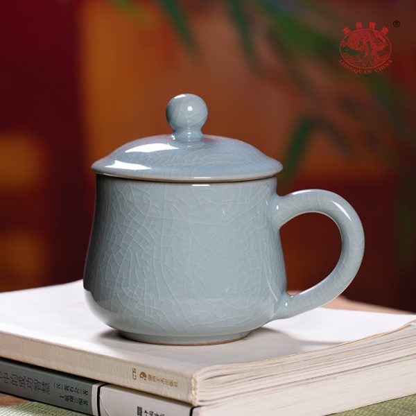 龙泉青瓷 办公杯家用带盖马克杯哥窑开片泡茶杯 陶瓷茶杯个人水杯