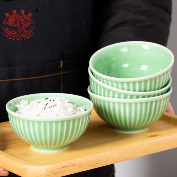 龙泉青瓷 4.5寸碗米饭碗琉璃条纹碗 陶瓷中式酒店家用餐具小汤碗