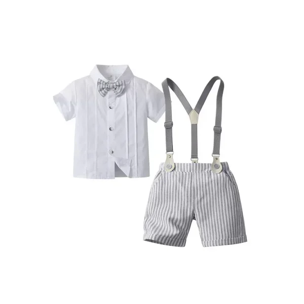 2025欧美童装夏季短袖西装两件套儿童衣服宝宝条纹背带裤男童套装