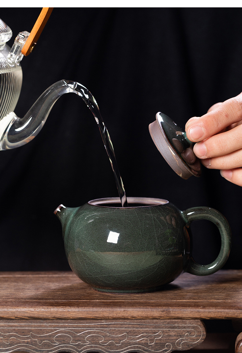 龙泉青瓷 铁胎哥窑冰裂手工西施壶 陶瓷功夫茶具过滤泡茶壶单个壶