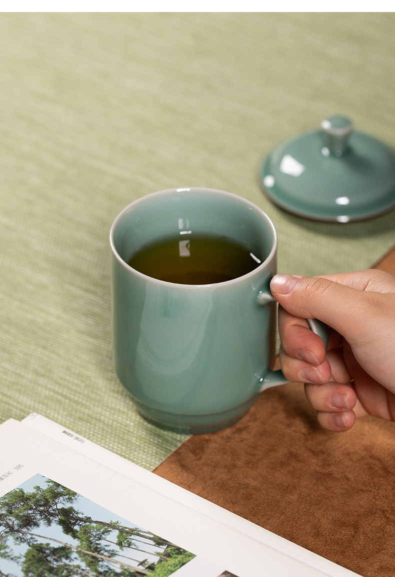 龙泉青瓷办公杯大容量礼盒装刻字商务喝茶陶瓷带盖子马克水杯批发