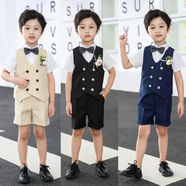儿童套装新款春夏短袖马甲套男童花礼服中小童宝宝周岁生日宴会服