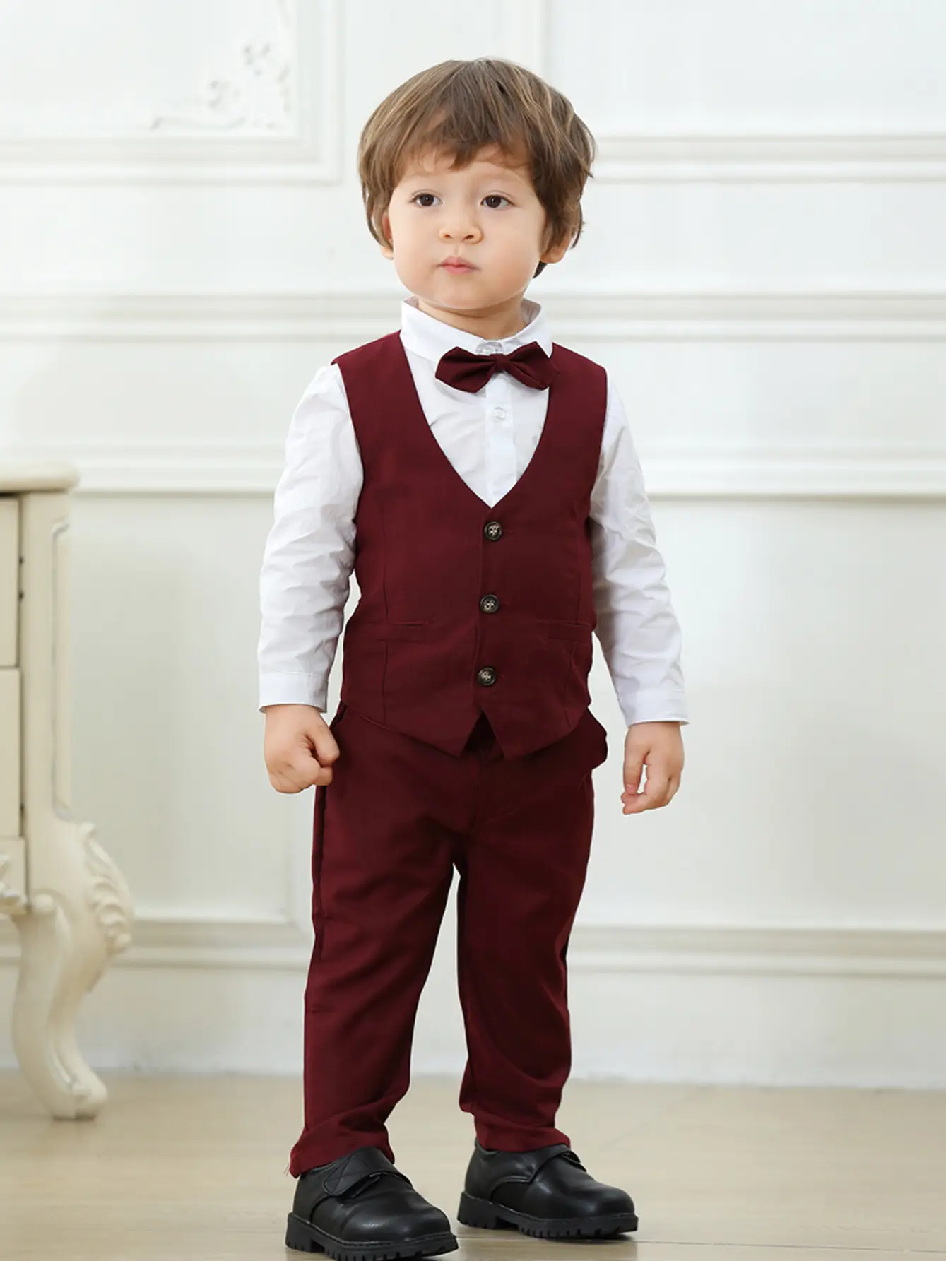 跨境新款儿童套装宝宝宴会派对绅士领花马甲礼服欧美风男童三件套