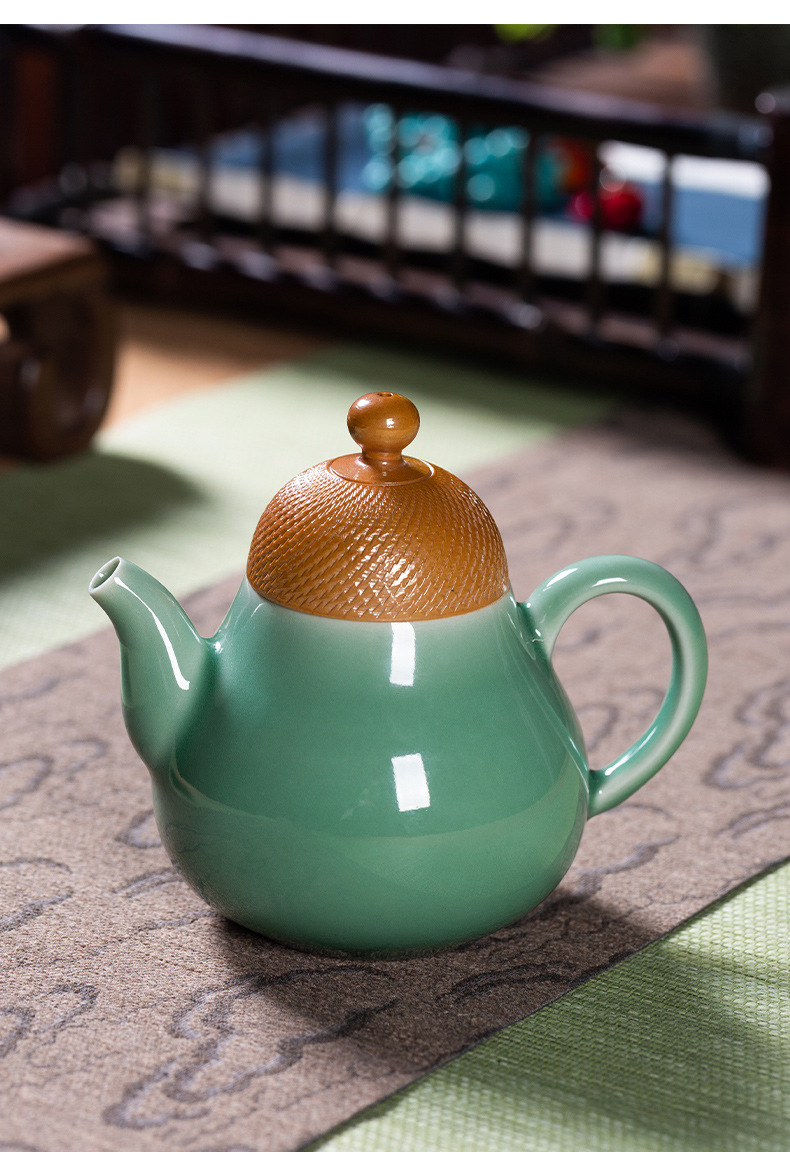 龙泉青瓷 轻奢风茶壶家用功夫泡茶壶 陶瓷茶壶单壶手工跳刀冲茶器