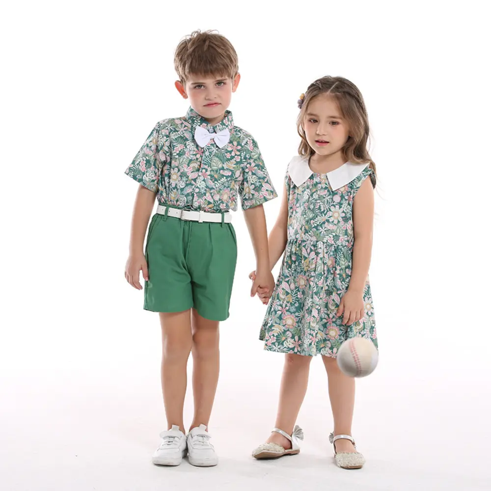 跨境童装新品男孩印花套装短袖代发沙滩风度假衬衫休闲短裤配腰带
