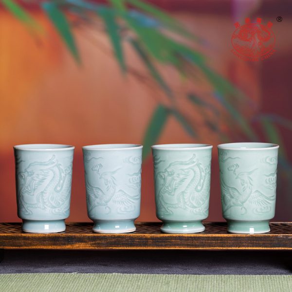 龙泉青瓷 创意手工闻香杯功夫茶杯主人杯 陶瓷中式龙凤直口品茗杯