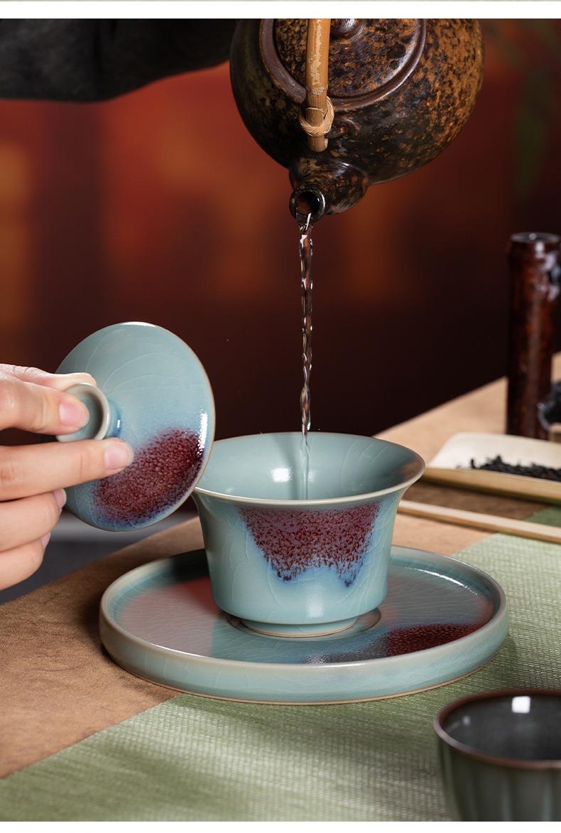 龙泉青瓷 三才盖碗功夫茶具大号钧窑敬茶碗 陶瓷家用盖碗手抓茶碗