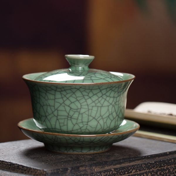 龙泉青瓷功夫茶具手工三才盖碗厂家直销陶瓷哥窑冰裂茶杯手抓茶碗