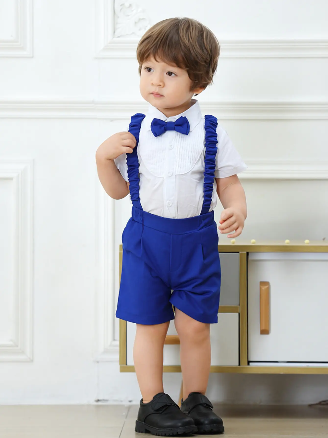 加工定制跨境欧美夏季新款纯色短袖短裤童装宝宝背带裤蝴蝶结套装