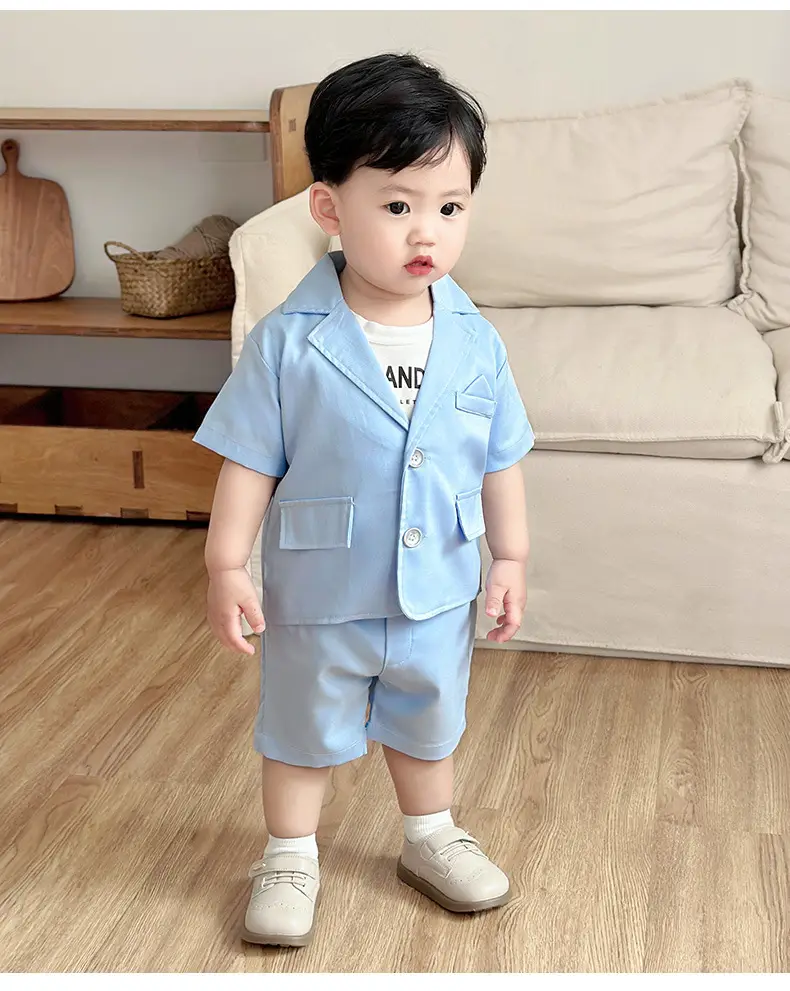夏季男童绅士礼服三件套男宝宝短袖短裤外套三件套摄影走秀演出服