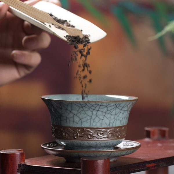 龙泉青瓷哥窑冰裂功夫茶具三才盖碗 陶瓷敬茶创意手工刻花泡茶碗