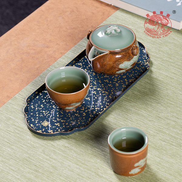 龙泉青瓷 黄铜茶盘轻奢家用功夫茶具干泡台 茶台小型带储水盘托盘