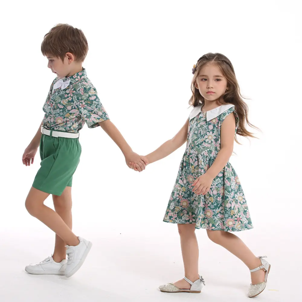 跨境童装新品男孩印花套装短袖代发沙滩风度假衬衫休闲短裤配腰带