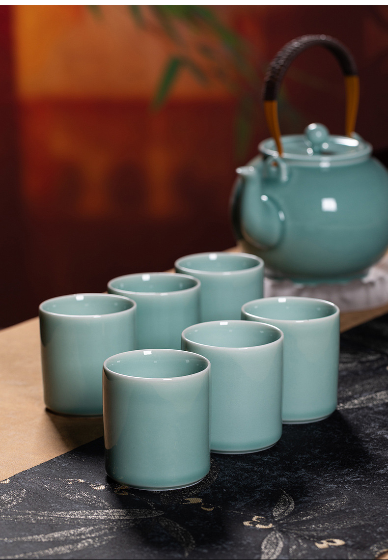 龙泉青瓷 提梁壶功夫茶具套装 陶瓷凉茶壶家用会客茶杯商务伴手礼