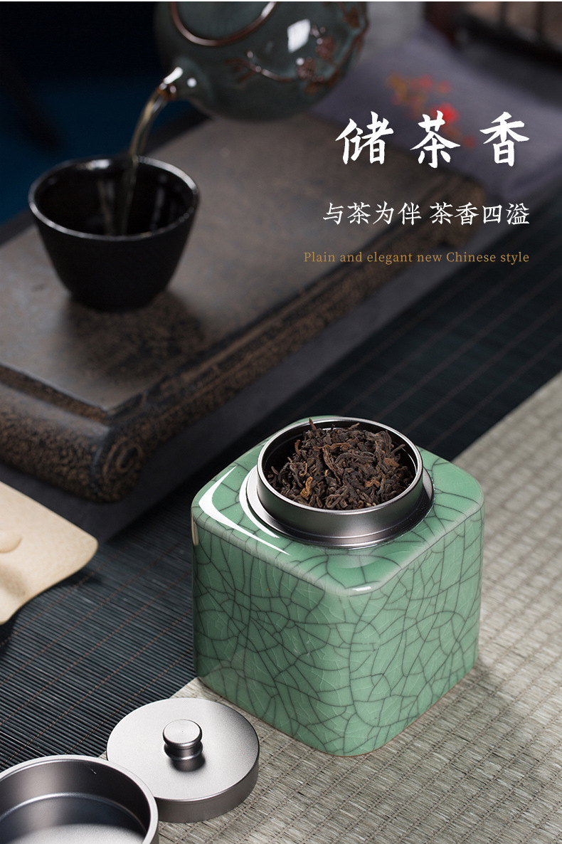龙泉青瓷  厂家直销陶瓷木盖茶叶罐  哥窑冰裂开片密封存储罐批发