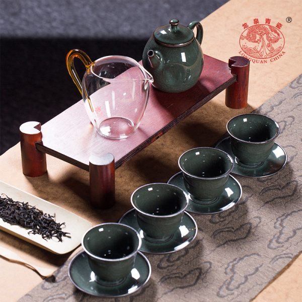 龙泉青瓷 铁胎一壶四杯功夫旅行茶具套装 陶瓷便携茶壶茶杯礼盒装