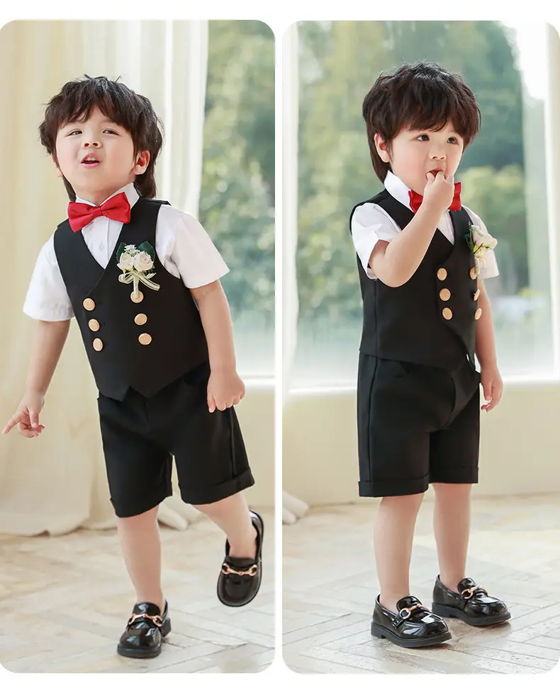 男童西装马甲短袖套装夏季英伦风表演演出服宝宝生日周岁礼服花童