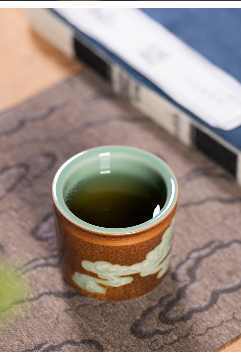 龙泉青瓷柴烧窑变手工主人杯单杯陶瓷功夫茶杯祥云扳指品茗杯盏