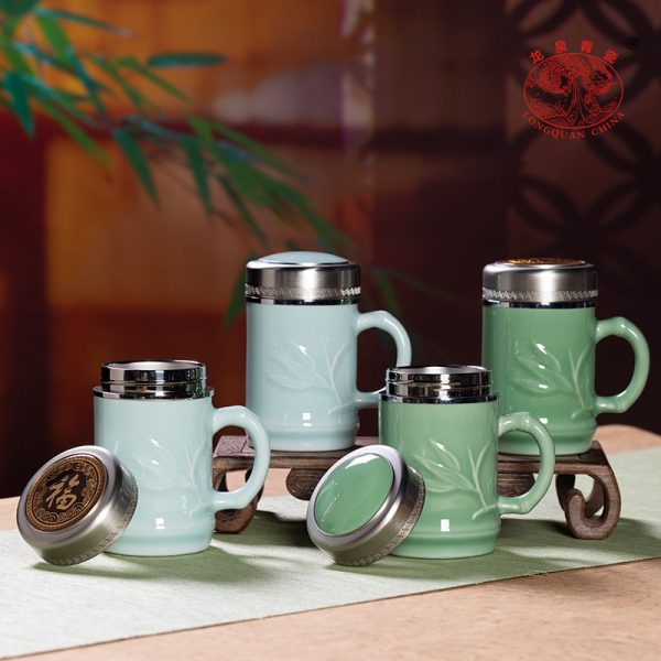 龙泉青瓷 竹节保温杯不锈钢内胆茶水分离泡茶杯 陶瓷大容量商务杯