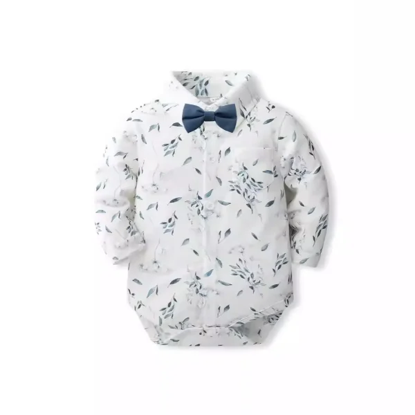 婴幼童花纹绅士礼服套装英伦风男童带帽衣服周岁儿童背带裤三件套