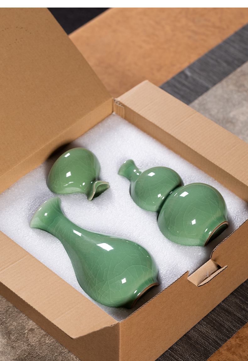 龙泉青瓷小花瓶三件套装陶瓷装饰插花器酒店家居桌面小摆件礼盒装