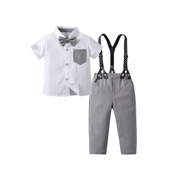 新款跨境童装背带裤两件套宝宝衣服夏季短袖条纹英伦绅士男童套装
