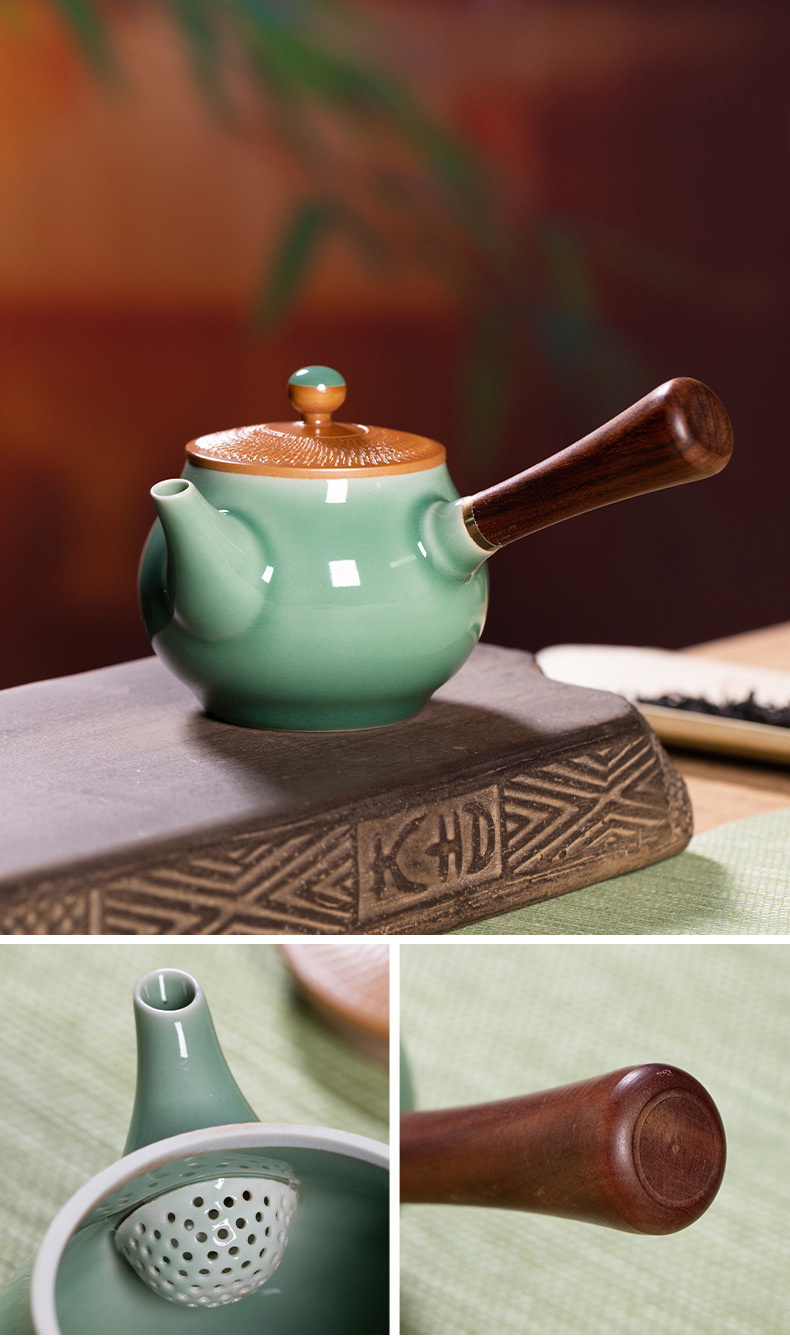 龙泉青瓷 旅行家用跳刀手工侧把壶套装 陶瓷茶杯高档功夫茶具套装