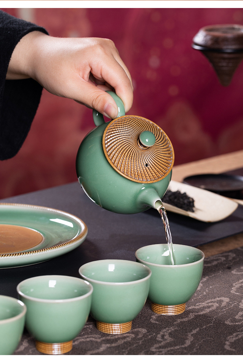 龙泉青瓷 复古纯手工跳刀功夫茶具 陶瓷轻奢泡茶壶杯壶承礼盒整套
